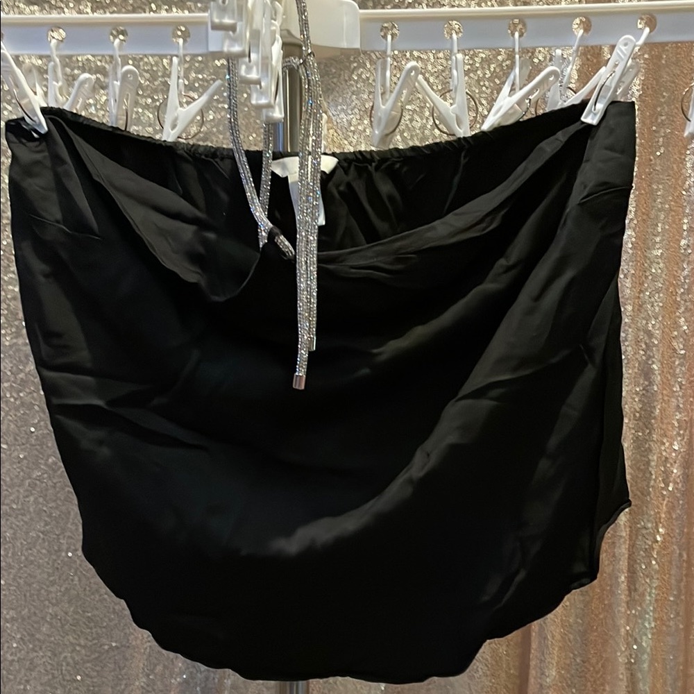 H&M Black Satin sleeveless top with Rhinestone Tie Neck